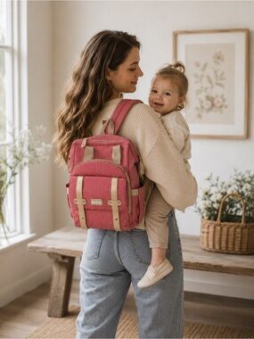 Falanko Diaper Bag Backpack Pink Baby Travel Backpack Large Multi Pocket EUC